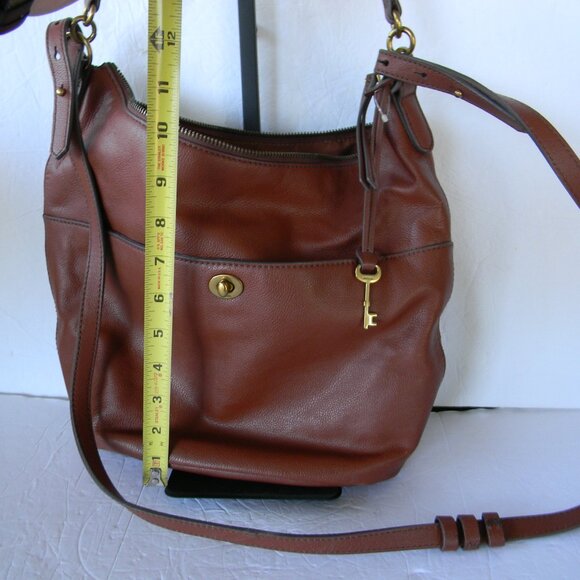 Fossil Tallula Hobo Shoulder Bag Crossbody Brown Leather Turnlock Bucket Purse - Picture 4 of 9